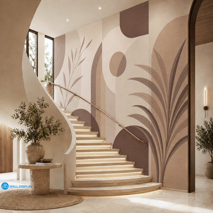 Terra Arches abstract botanical wall mural installed along a modern villa staircase