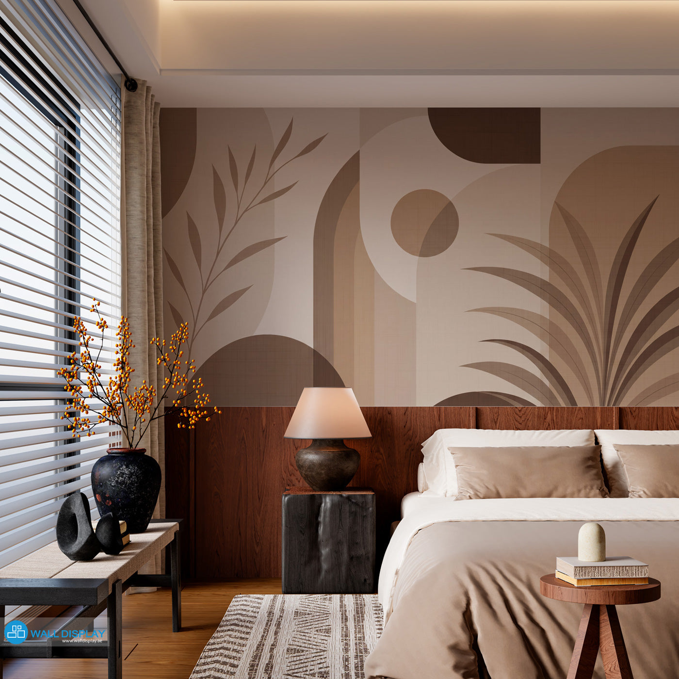 Warm beige abstract botanical wallpaper in a modern bedroom with natural wood furniture