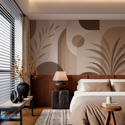 Warm beige abstract botanical wallpaper in a modern bedroom with natural wood furniture