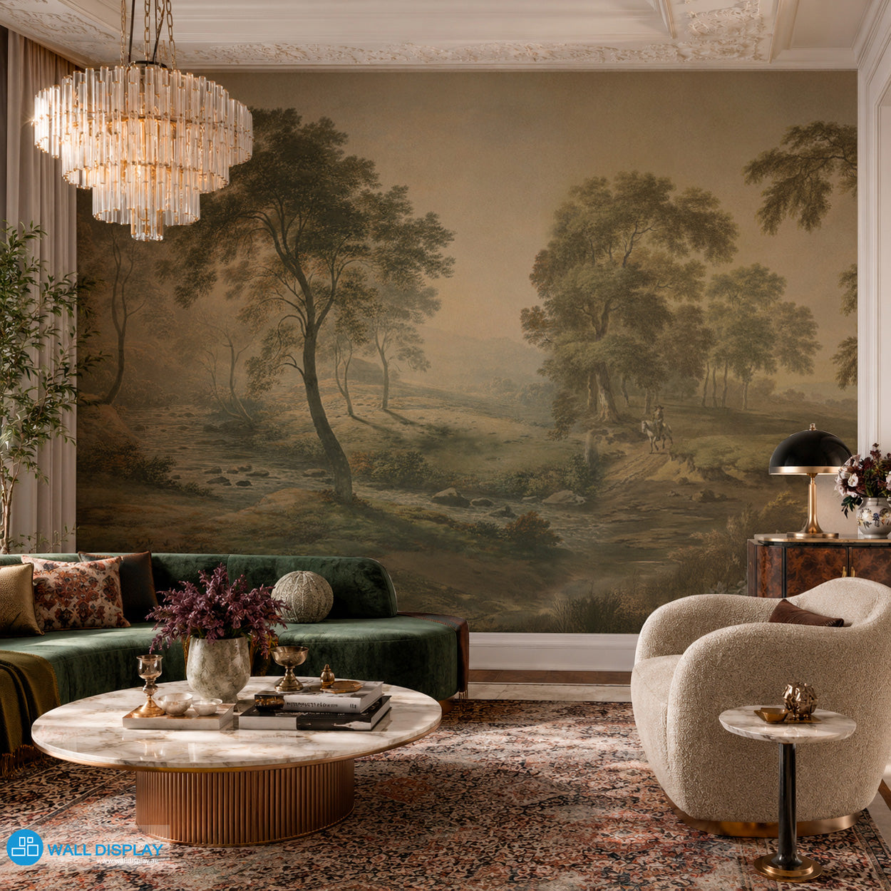 Serene River Valley Landscape Wall Mural with vintage trees and flowing stream