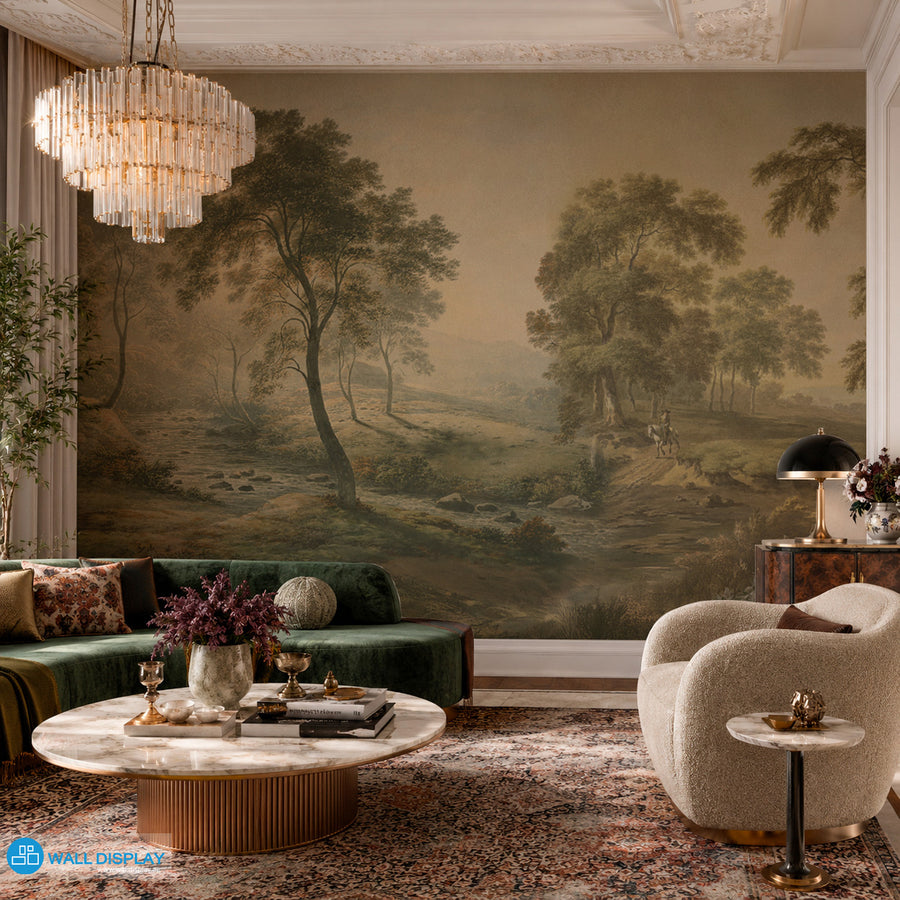 Serene River Valley Landscape Wall Mural with vintage trees and flowing stream
