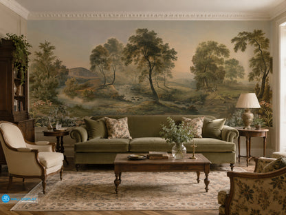 Serene River Valley Landscape Wall Mural with vintage trees and flowing stream
