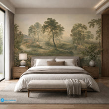 Load image into Gallery viewer, Serene River Valley Landscape Wall Mural with vintage trees and flowing stream
