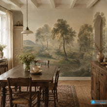 Load image into Gallery viewer, Serene River Valley Landscape Wall Mural with vintage trees and flowing stream
