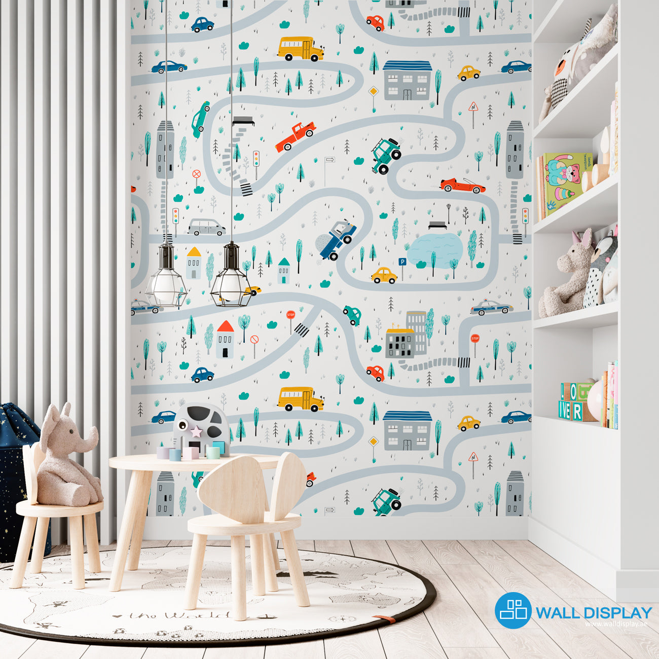 Vroom Zoom kids wallpaper with illustrated roads, cars, buses, trucks, houses, trees, and traffic signs for nursery, playroom, and children’s room walls.