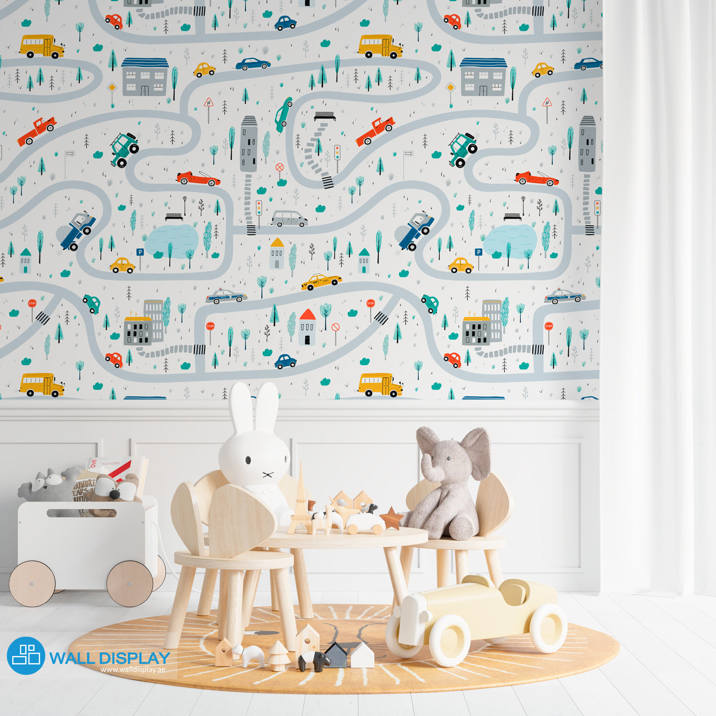 Vroom Zoom kids wallpaper with illustrated roads, cars, buses, trucks, houses, trees, and traffic signs for nursery, playroom, and children’s room walls.