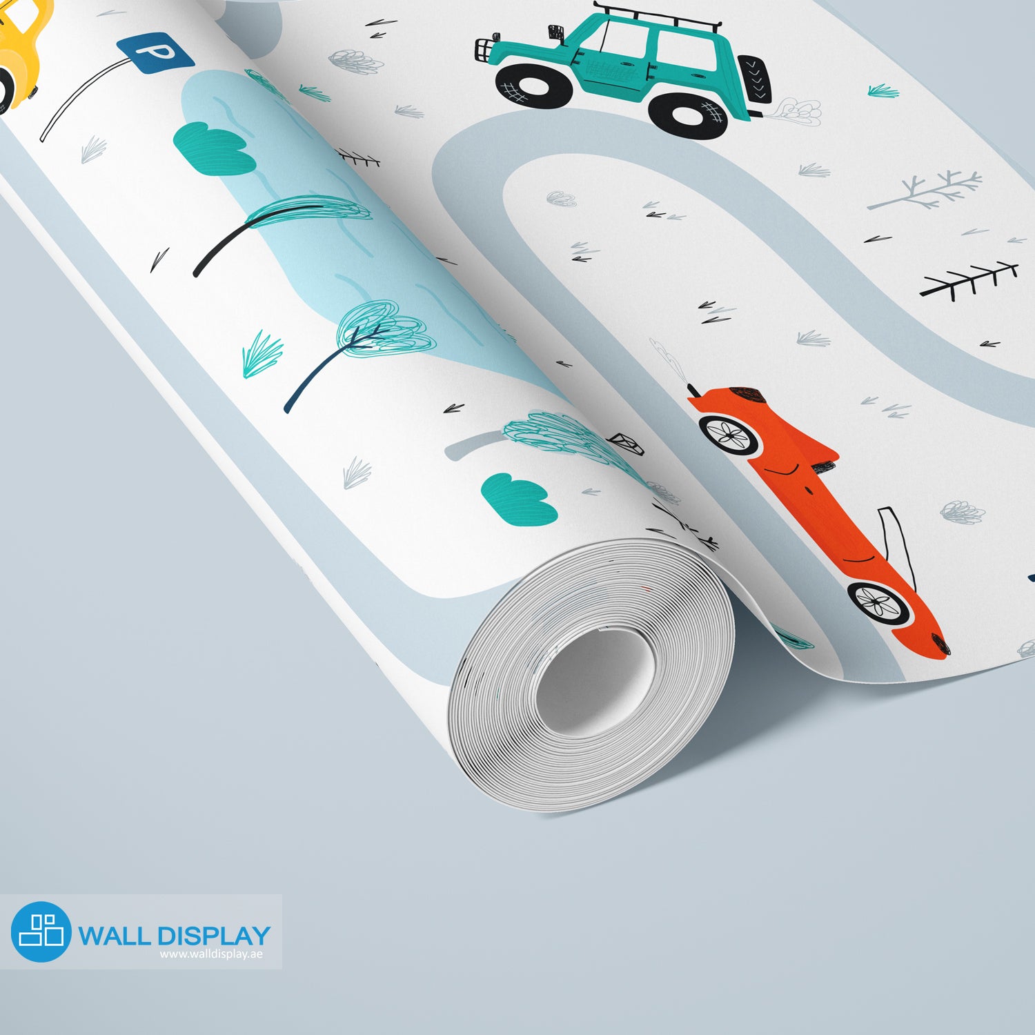 Vroom Zoom kids wallpaper with illustrated roads, cars, buses, trucks, houses, trees, and traffic signs for nursery, playroom, and children’s room walls.