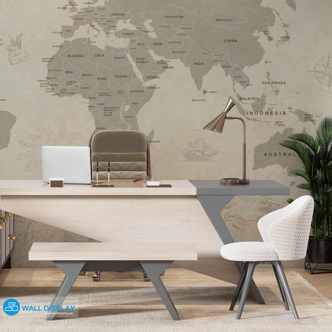 Vintage World Map wall mural in Dubai, Abu Dhabi and all UAE